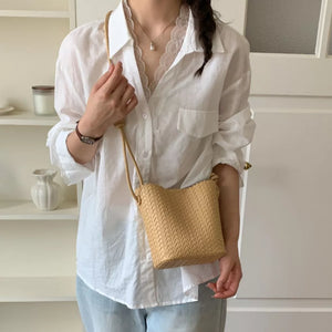 Woven Straw Crossbody Bag in Yellow, side view