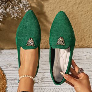 Green point toe slip-on flats with leopard head detail