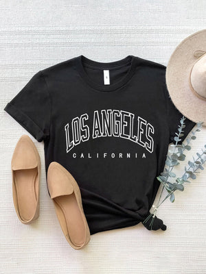Black graphic t-shirt with white Los Angeles California text, crew neck, short sleeves.