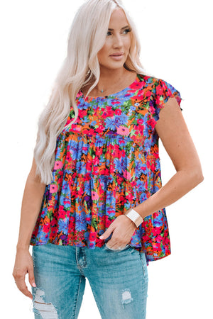 Tiered floral flutter sleeve blouse in multicolor with babydoll cut.