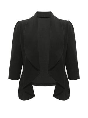 Black drape-front blazer with sculpted silhouette and 3/4 sleeves.