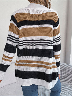 Colorblock open-front knit cardigan with horizontal stripes in white, black, and taupe.