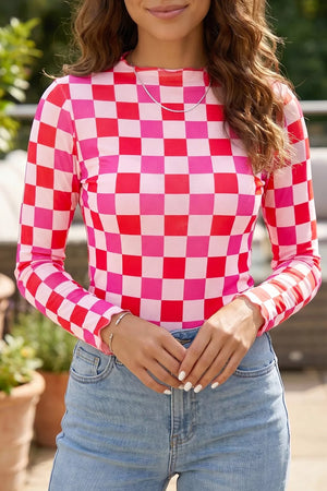Plaid Heart Mesh Sheer Long Sleeve Top, front view
