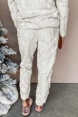 Textured leopard print loungewear set in white fluffy fabric, relaxed fit pants.