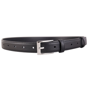 Black leather skinny belt with silver buckle and multiple holes.