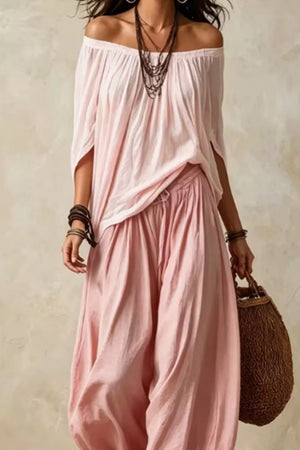 Off-shoulder Top And Wide-leg Pants Set Plus Size in Gray, editorial view