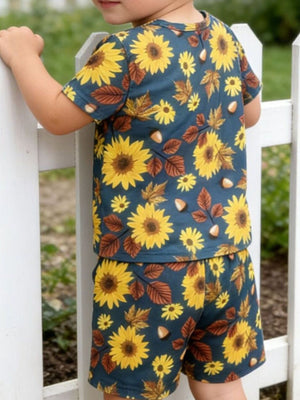 Baby girls' short sleeve top and shorts set with sunflower and autumn leaf print.