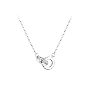 Silver double circle pendant necklace with clear stones on a delicate chain.