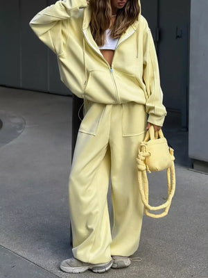 Oversized Zip-up Hoodie And Wide-leg Pants Set, model styling view