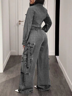 Zip Front Wide Leg Cargo Denim Jumpsuit, fabric detail