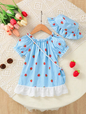 Baby dress set with blue gingham and strawberries, includes matching hat and purse.