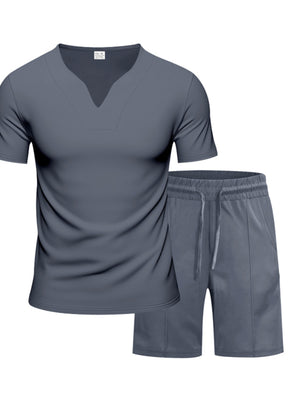 Dark Gray V-neck tee and drawstring shorts set for men, comfortable loungewear.