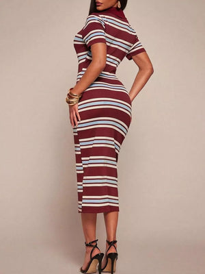 Chic striped polo midi dress in burgundy with white and light blue stripes, short sleeves, bodycon fit.