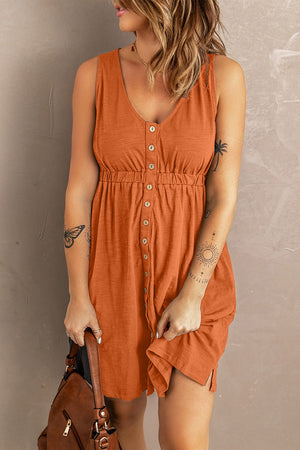Pumpkin Spice button-down mini dress with gathered waistline and V-neckline.