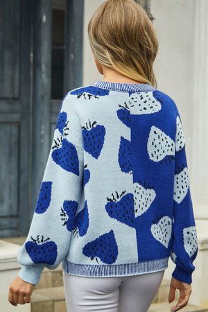 Royal blue and light blue acrylic V-neck cardigan with strawberry pattern