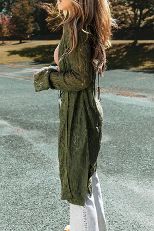 Openwork maxi cardigan in army green acrylic with long sleeves and an open knit pattern.
