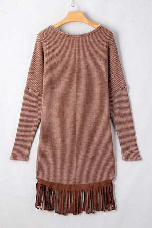 Waffle Knit Fringed High Low Loose Top in Brown, model styling view