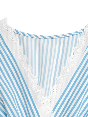 Blue and white striped midi dress with lace trim neckline detail