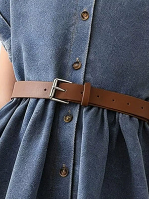 Blue denim baby dress with button front and brown belted detail