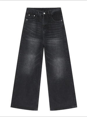 Dark Gray wide-leg denim jeans with vintage wash and a relaxed fit.