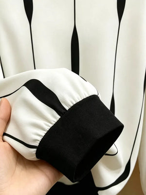 Contrast Vertical Stripe Long Sleeve Blouse in White, model styling view