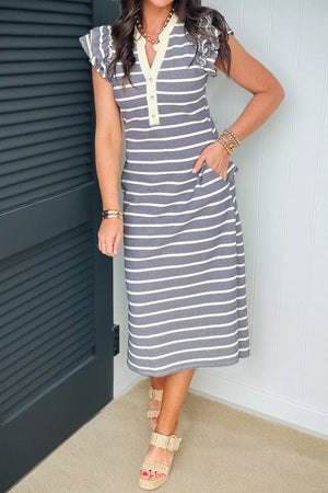 Navy stripe ruffled midi dress with pockets and buttoned neckline.