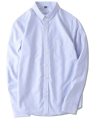 Men's light blue striped cotton button-down shirt with chest pocket