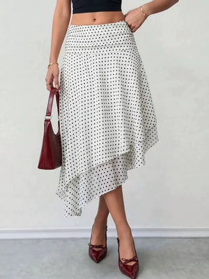 Polka Dot Asymmetrical Hem Midi Skirt in White, front view