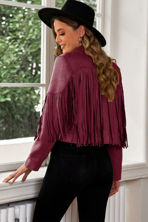 Fringed suede cropped western jacket in Scarlet with long sleeves and fringe detail.