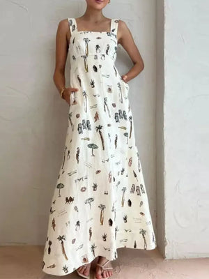 Sleeveless maxi dress with vacation print and pockets