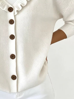 Ruffled Neckline Button-up Cardigan in White, close-up detail
