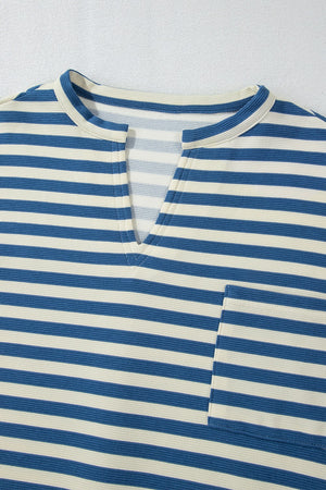 Peacock blue striped textured henley top with a V-neck and chest pocket.