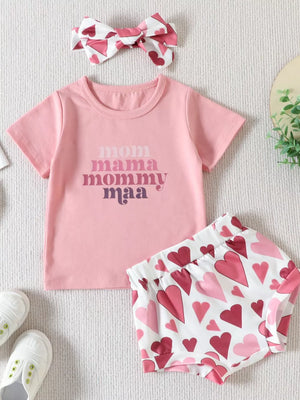 Baby girl blush pink cotton tee with mom graphic and heart print shorts set