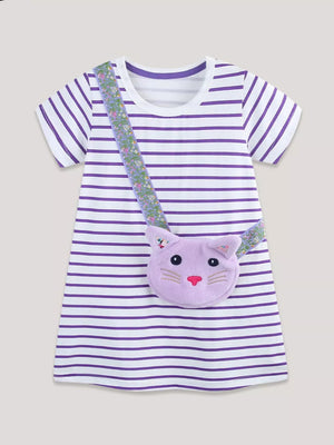 Baby girls' purple and white striped cotton dress with a lavender cat purse.
