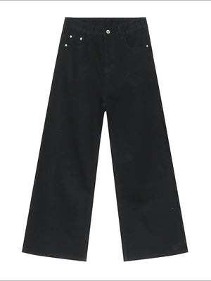 Black wide-leg denim jeans with a vintage wash and a relaxed fit.