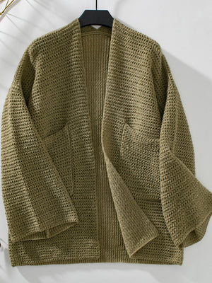 Moss chunky knit open front cardigan with pockets and a textured stitch pattern.