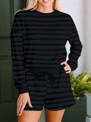 Striped pajama set with crew neck top and drawstring shorts in dark gray