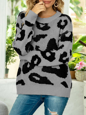 Grey leopard intarsia crewneck sweater with long sleeves.
