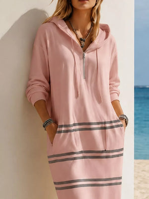 Casual Striped Drawstring Hooded Dress in White, back view