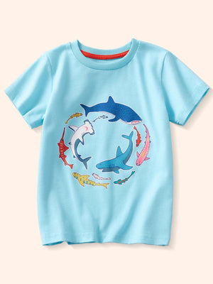 Pastel blue cotton crew neck t-shirt with playful shark and fish print