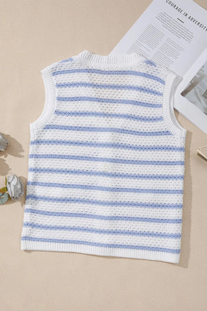Light blue and white striped knit vest with a textured open knit pattern.