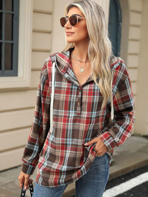 Plaid henley hooded shirt in coffee brown with button detail and white drawstrings.