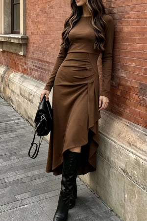 Ruched Asymmetrical Hem Long Sleeve Dress in Brown, back view