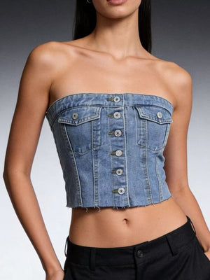 Cropped denim strapless top with button detailing and chest pockets