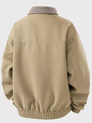 Khaki zip-up jacket for him with plaid collar and elasticated hem.