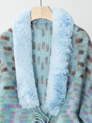 Pastel blue acrylic poncho with faux fur collar and textured plaid pattern