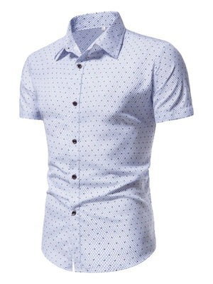 Men's white slim fit short sleeve shirt with a subtle dot and grid pattern.
