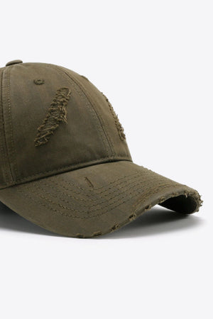 Army green distressed baseball cap with frayed details and adjustable fit.