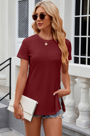 Burgundy crewneck top with perforated detail and side slits, short sleeves