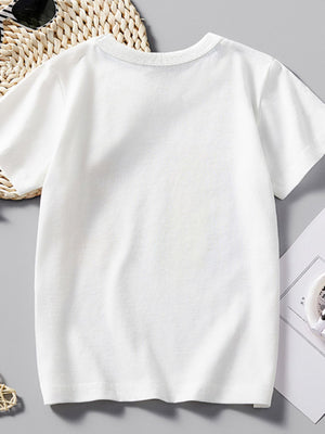 White cotton crew neck short sleeve toddler t-shirt with excavator graphic detail.